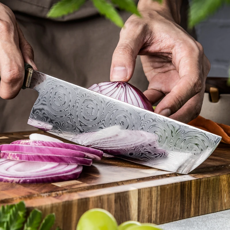 Grandsharp 7''Nakiri Knife Damascus Steel with Green Solidified Wood + Copper Bolster Handle Kitchen Knives Cleaver Knife