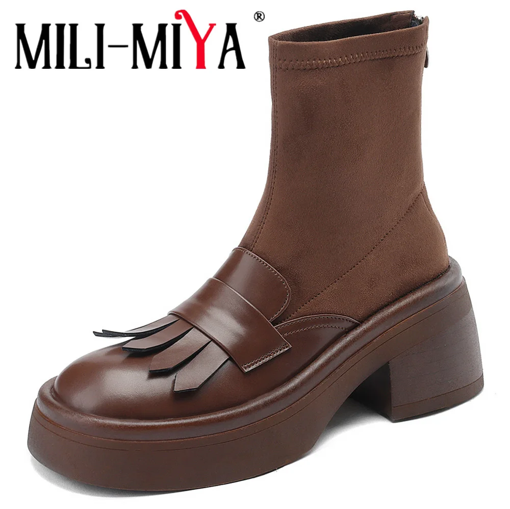 

MILI-MIYA New Autumn Genuine Leather Patchwork Faux Suede Women Round Toe Ankle Boots Chunky Block Heels Retro Casual Shoes