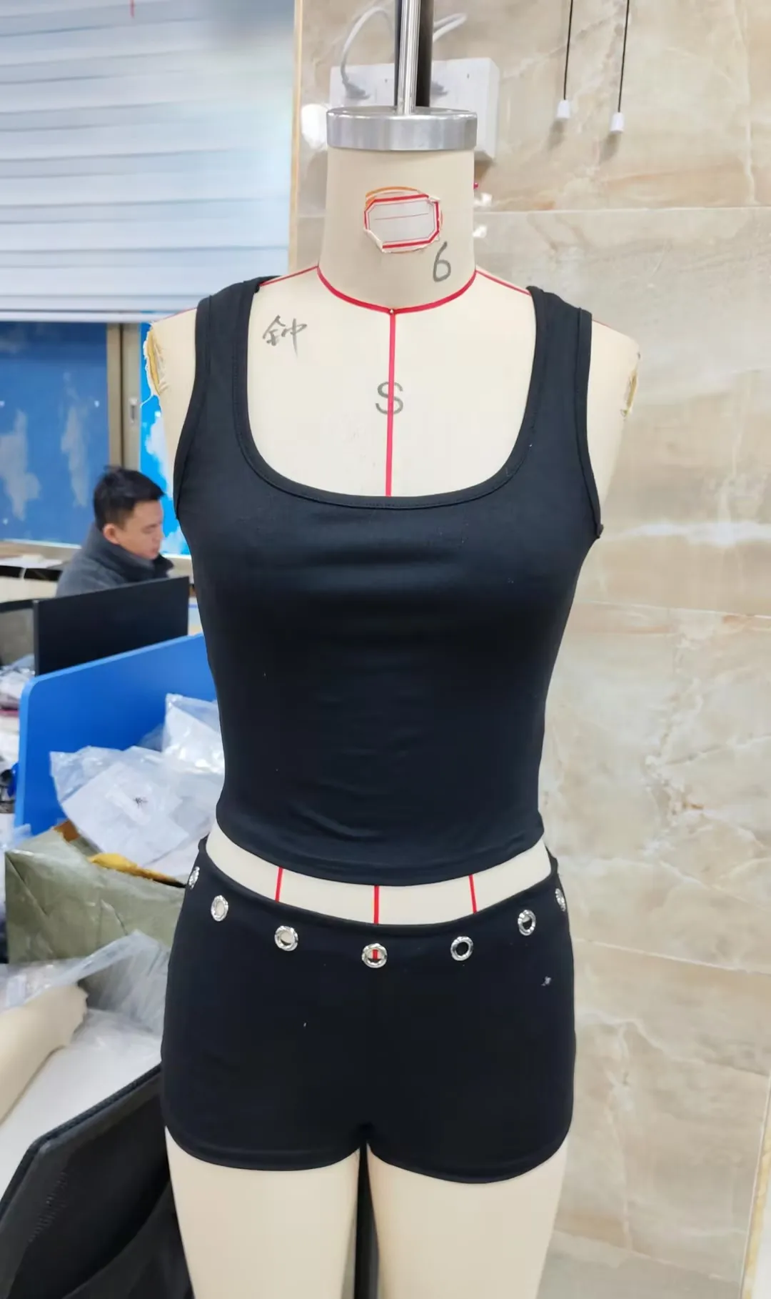 Women's Shorts Set Summer Sleeveless Ribbed Neck Tank Tops with Grommet Shorts 2 Pcs Outfits Black Slim Fit Casual Co-ord Set