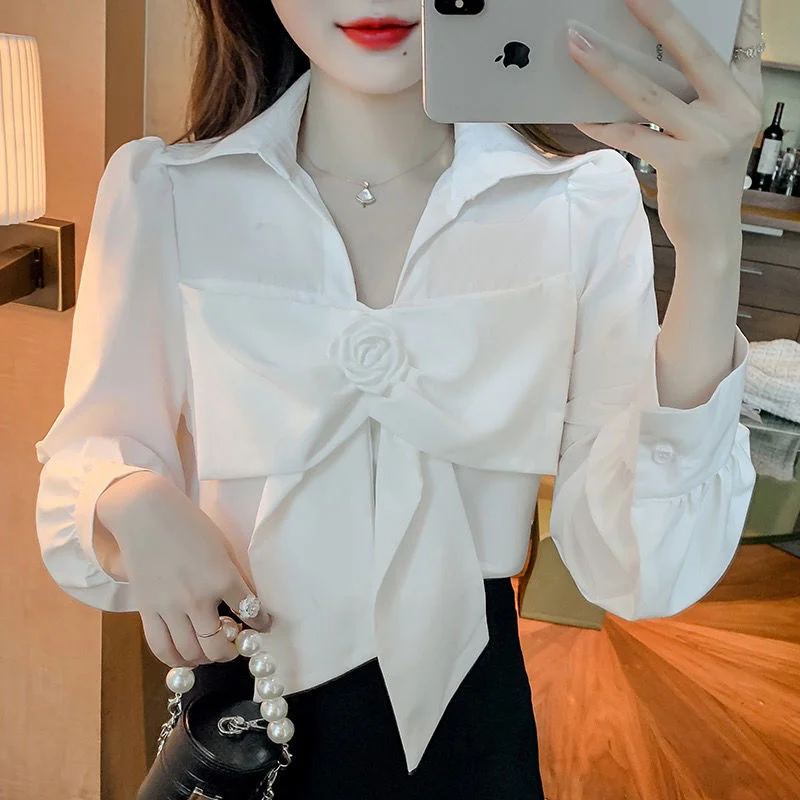 2023 Autumn New Polo Collar Long Sleeve Women's White Shirt Top Blusas Clothes for Women Shirts Blouse