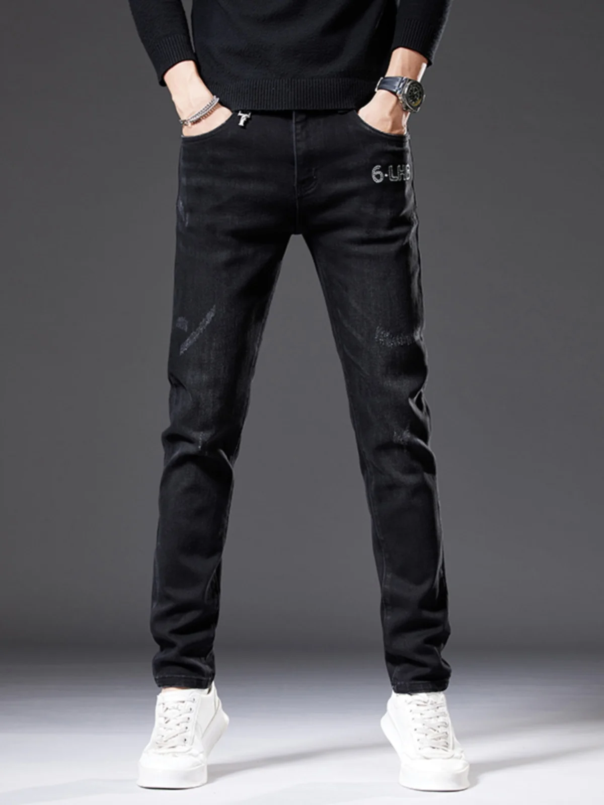 

Высококачественные мужские джинсы с вышивкой, облегающие, повседневные, длинные брюки, осенне-зимняя новинка, модный бренд, эластичный хлопковый деним