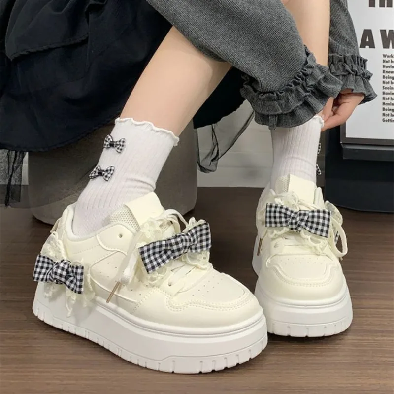 Women's Bow Knot Platform Sneakers Height Increasing Thick Sole Breathable White Shoes for Middle High School Students Summer