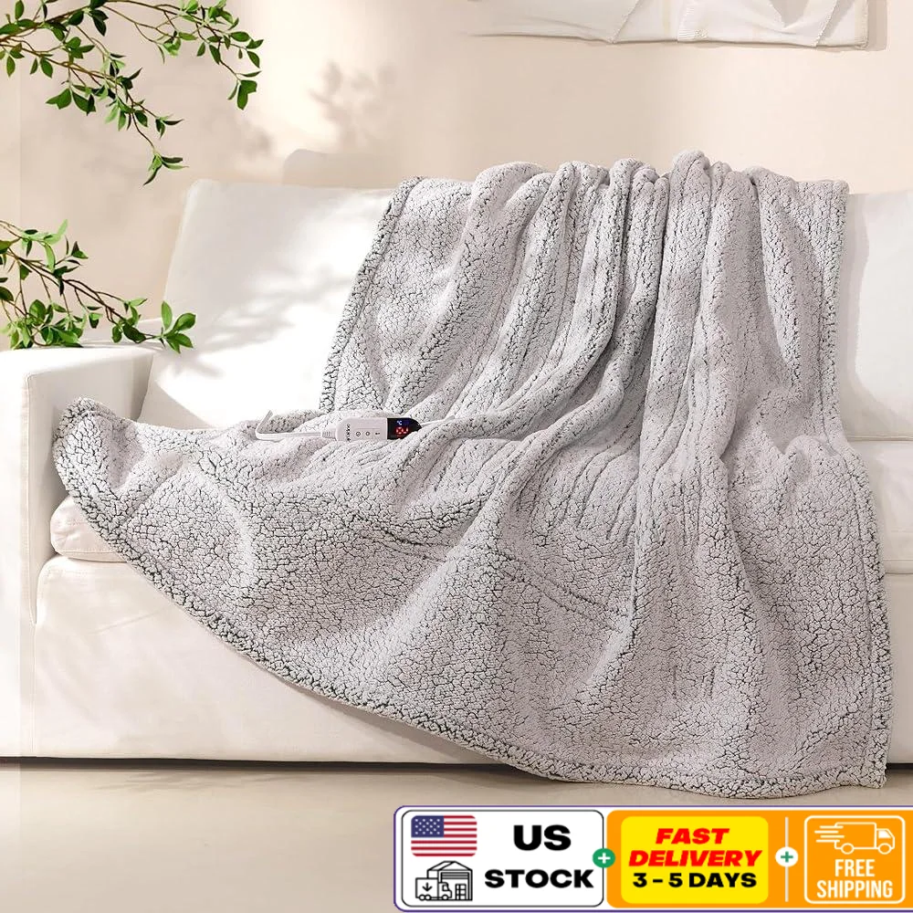 Electric Heated Blanket Soft Sherpa 6 Temperature Levels Auto-Off Overheat Protection Digital Display Cozy Throw Bed Sofa Office