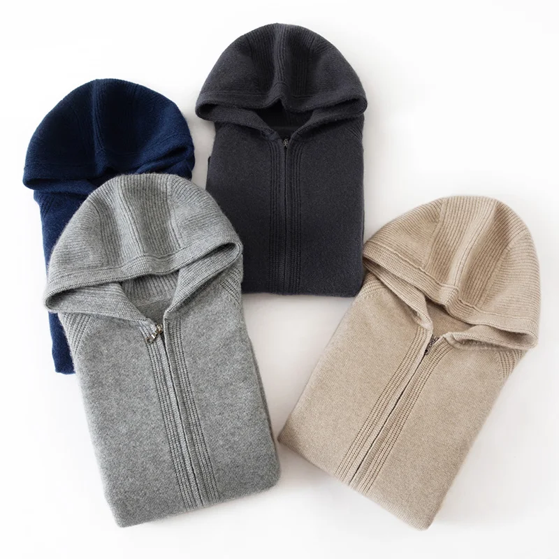 2025 Men's Hooded Zip Cardigan 100% Cashmere Sporty Casual Long-Sleeve Sweater Autumn Winter Classic Versatile Knit Jackets Tops