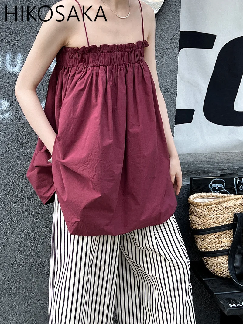 French Style Vacation Strapless Suspender Folds A-line Loose Casual Camisole Summer Sexy All-match Elegant Fashion Tank Top