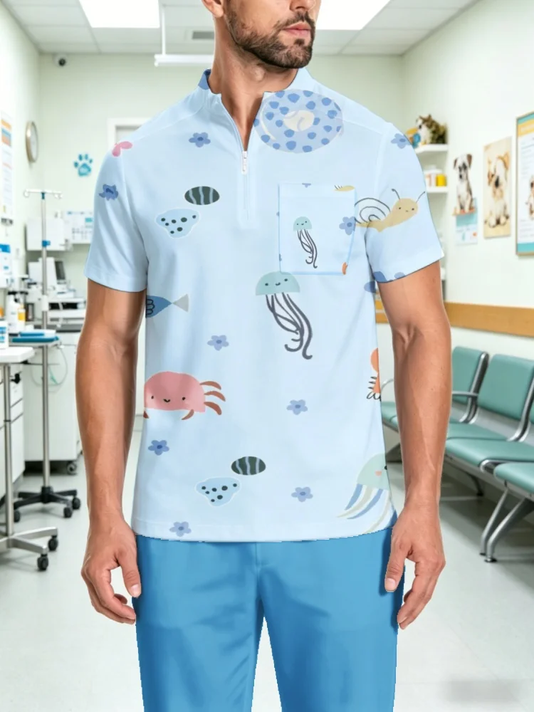 Men's Zipper Collar Scrub Top Cute Space Dinosaur UFO Print Short Sleeve Medical Uniform T-Shirt for Vet Clinic Hospital Work view 4