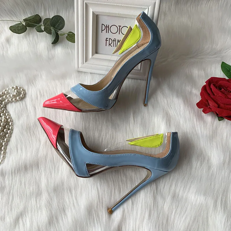 

Spring and Summer New Pointed PVC Lacquer Leather Splice Single Shoes Slim High Heel Party Dress Large and Small Women's Shoes