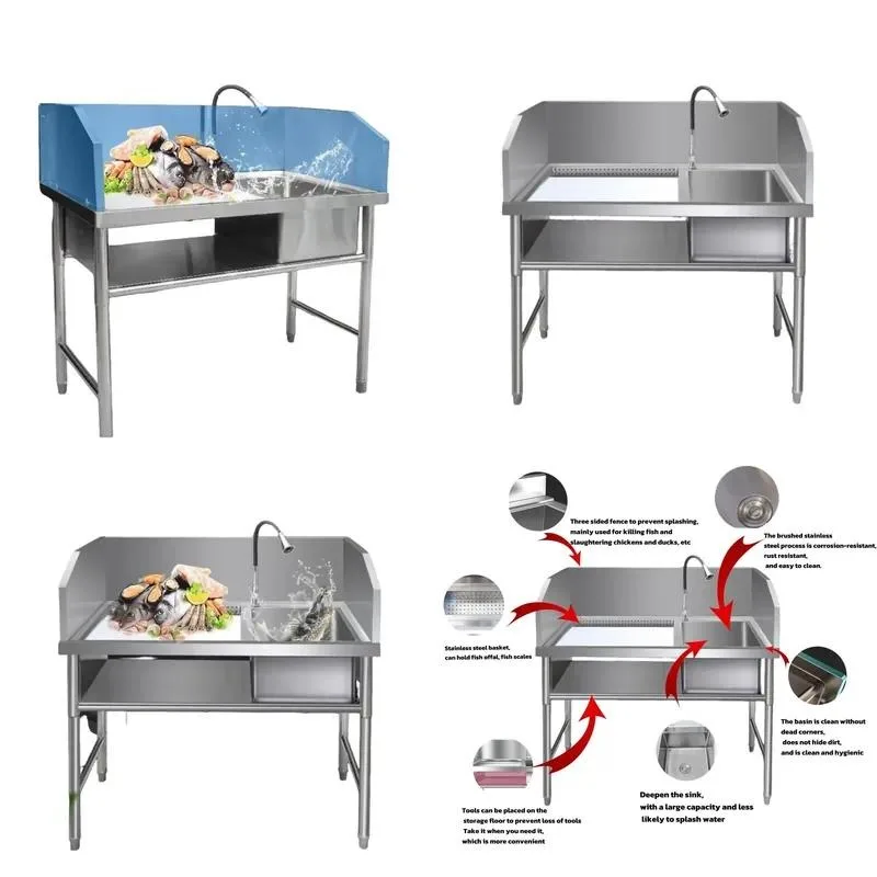 for Stainless Steel Hotel Restaurant Kitchen Sink Workbench Fish Washing Table with Cutting Board Faucet