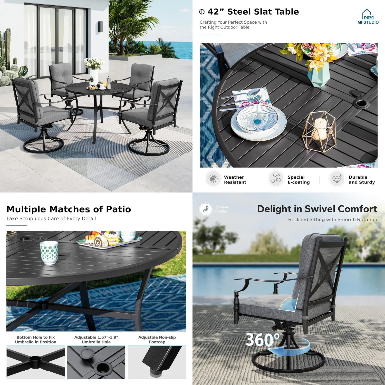 

Round Outdoor Dining Set 4 Chairs Umbrella Hole 5pc Grey Cushion Deck Poolside Backyard, Customized