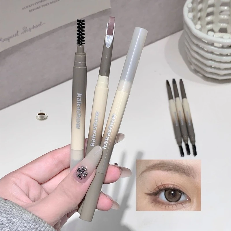 1本入りコーヒーカラー眉ペンシル、ブラシ付き、長持ち防水、黒/グレー、眉タトゥーペン、メイクアップ、眉ティント、簡単に色付け可能