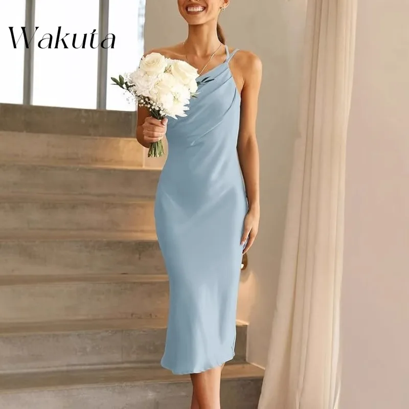 Wakuta American Vintage One Shoulder Bandage Solid Bridesmaid Dresses Sexy Tight Simulation Silk Cocktail Banquet Evening Gowns