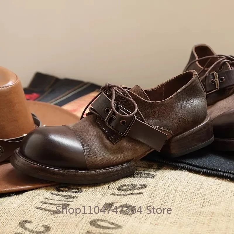 American Retro Horseskin Work Formal Leather Shoes Men's Genuine Leather Round Toe Handmade Thick Soled Casual Commuting Shoes
