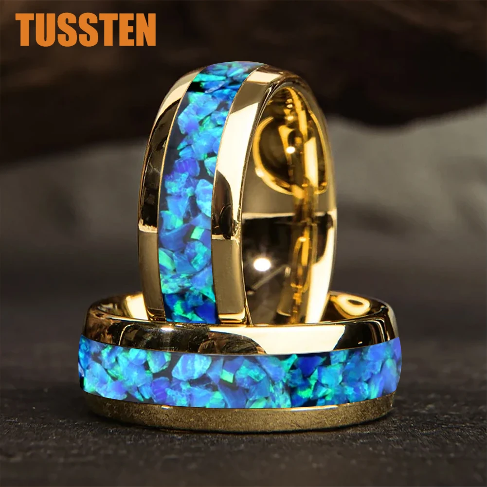TUSSTEN New Style 4/6/8MM Men's and Women's Wedding Tungsten Ring Crushed Blue-Green Opal Inlaid Comfortable Fit