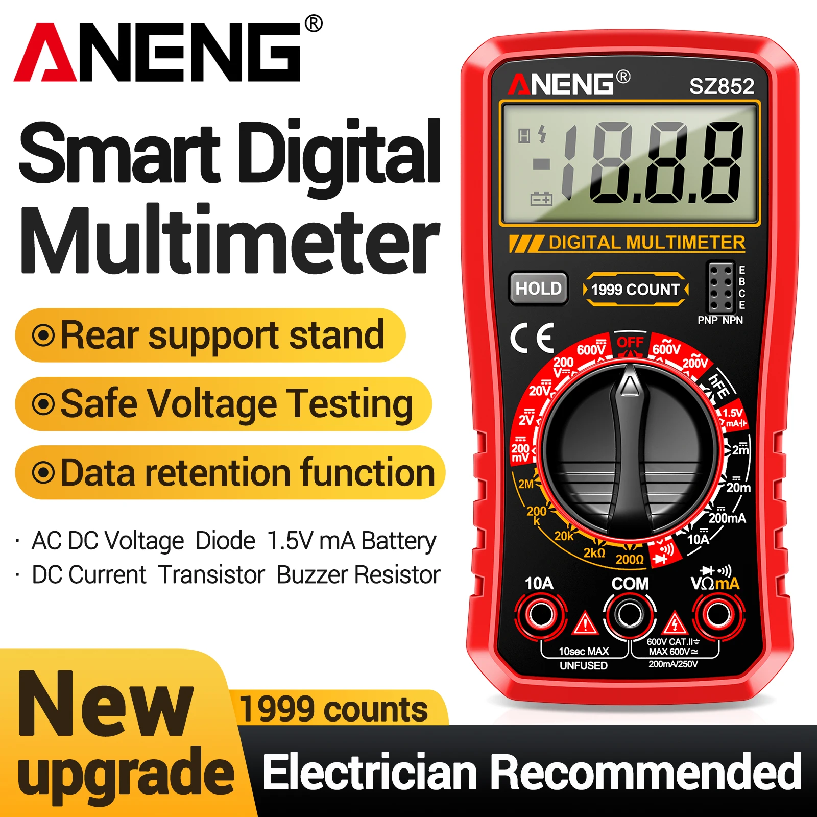 ANENG SZ852 Digital Multimeter 1999 Counts High Precision 600V Safe Voltage Range Full Anti-Burn Overload Protection Tool