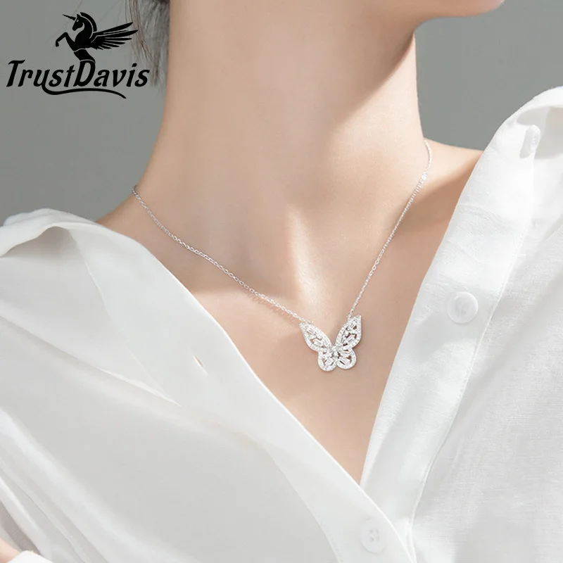 Trustdavis Luxury 925 Sterling Silver Sweet Butterfly Dazzling CZ Clavicle Necklace For Women Wedding Party S925 Jewelry DA1526