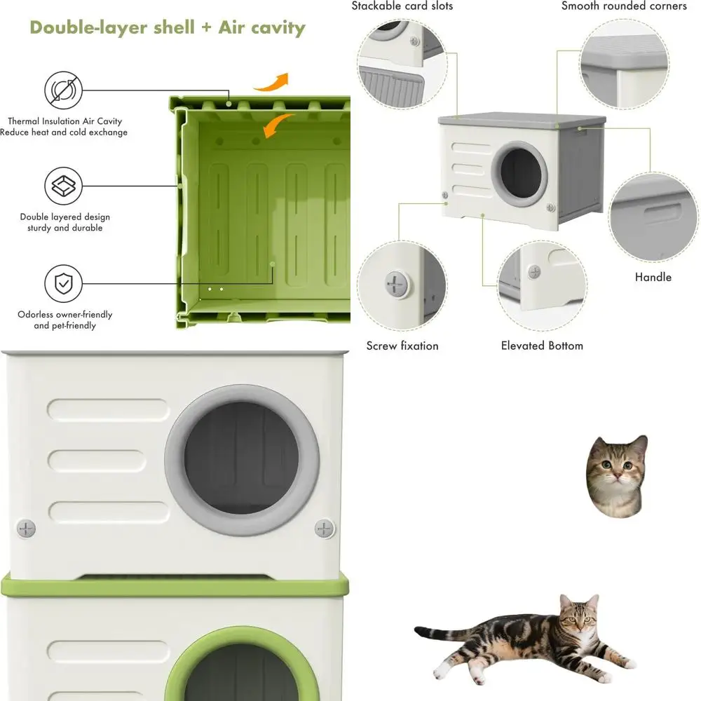 

Durable Weather-Resistant Outdoor Cat Shelter, Insulated Stackable Plastic Den with Cushion for Feral Cats (Grey)