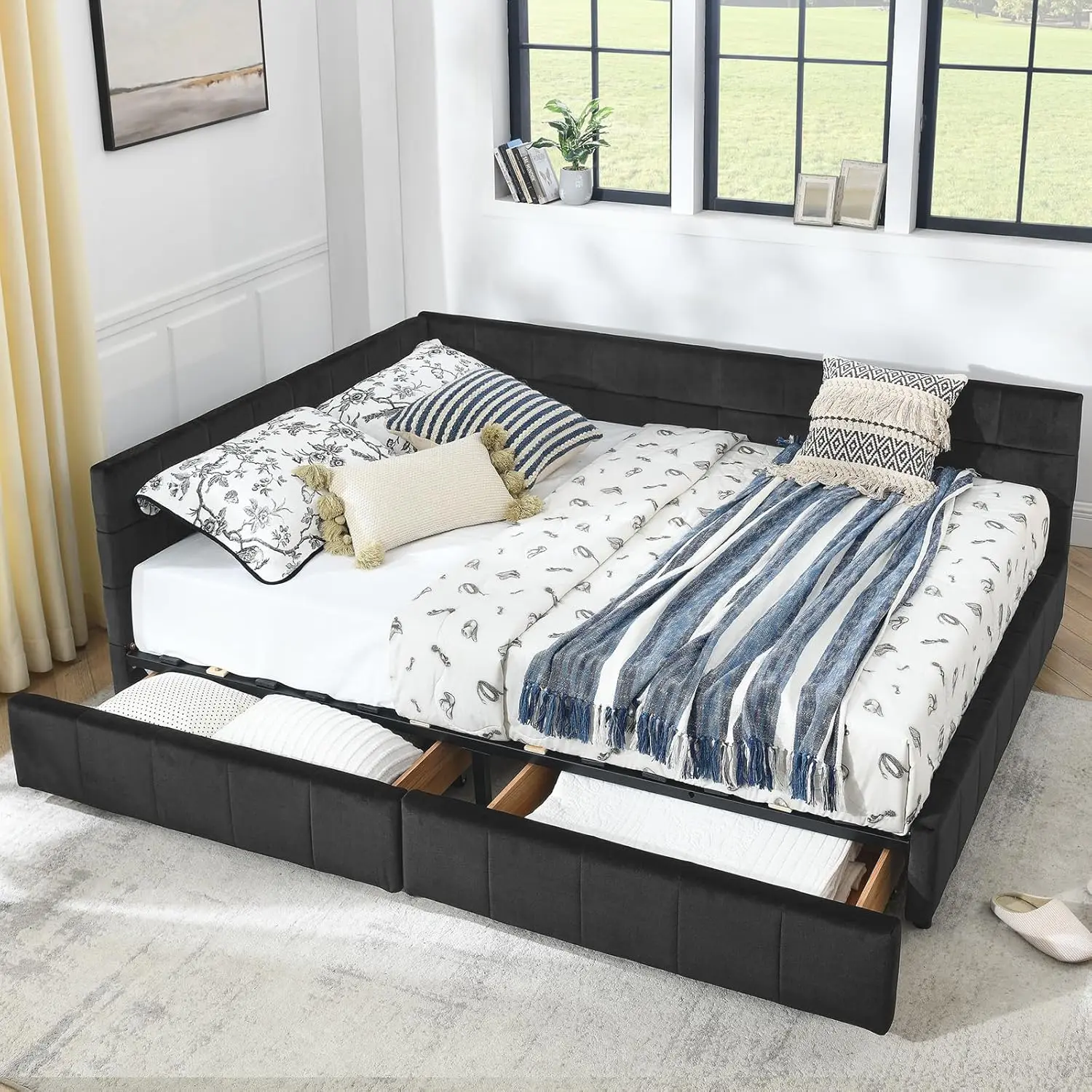 Black Velvet Corner Bed Frame Queen Tufted Storage Daybed Reversible Left/Right Queen Size, Customized