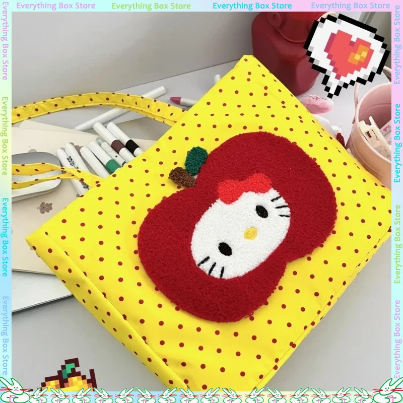 

New Cute Cartoon Dog And Cat Apple Shoulder Bag Canvas Bag For Commuting Leisure Versatile Outdoor Shoulder Bag Yellow Polka Dot