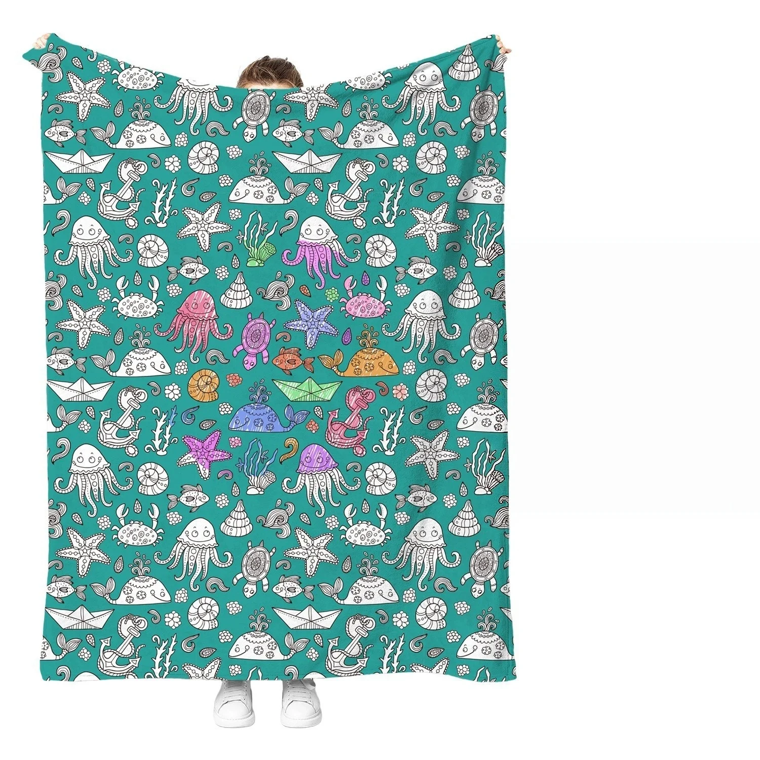 Cute Snack Coloring Blanket Allover Donut Egg Ice Cream Line Drawing Blanket Washable Blanket for Family Craft Activity