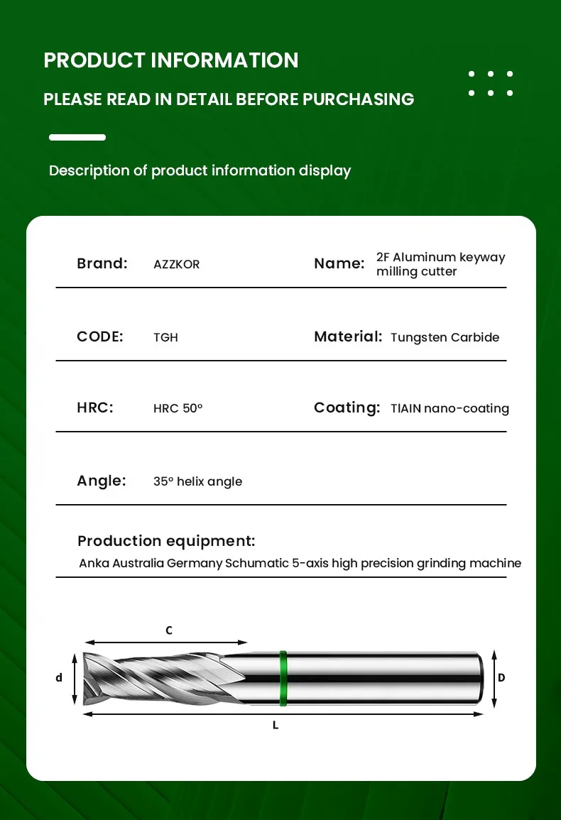 AZZKOR TGH-HRC50 2-Schneiden Hartmetall-Wolframstahl für Aluminium-Flachfräser CNC Mechanische Holzbearbeitung Fräswerkzeuge 1-20 – Detail 16