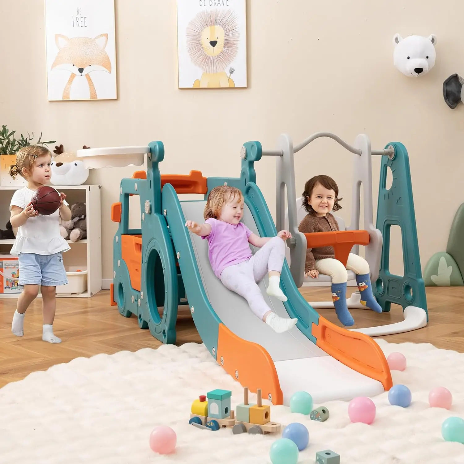 Ensemble toboggan et balançoire pour tout-petits 6 en 1, ensemble de jeu pour bus intérieur et extérieur avec balançoire pour bébé, panier de basket-ball, tunnel rampant, escalade pour enfants