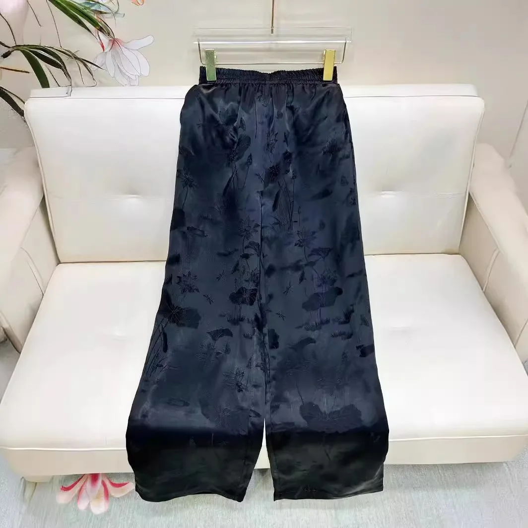 High-end Spring Summer Women Satin Jacquard Wide Leg Pants Vintage Lady Casual Loose Trousers Female S-XXL