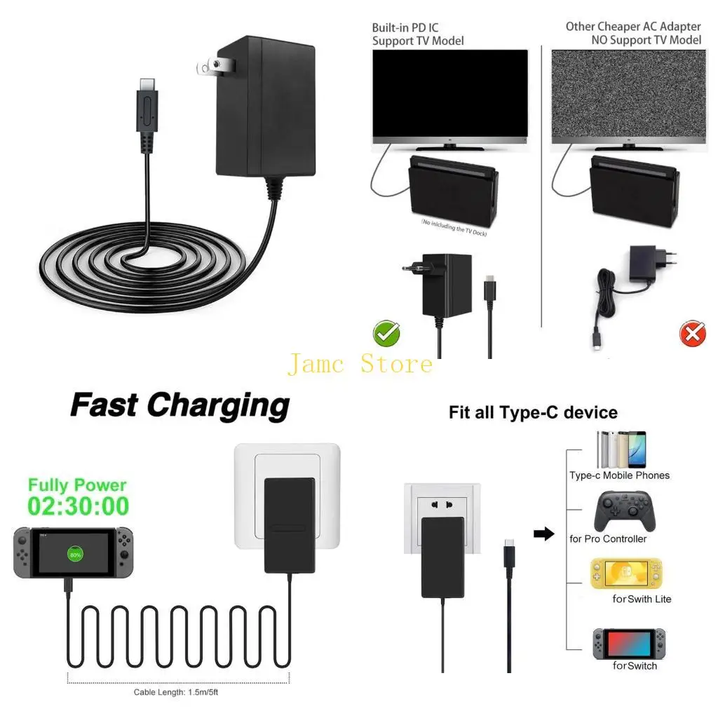 LX0B for NS Switch AC Adapter Console Power Wall Travel Power Cord Charging Cable