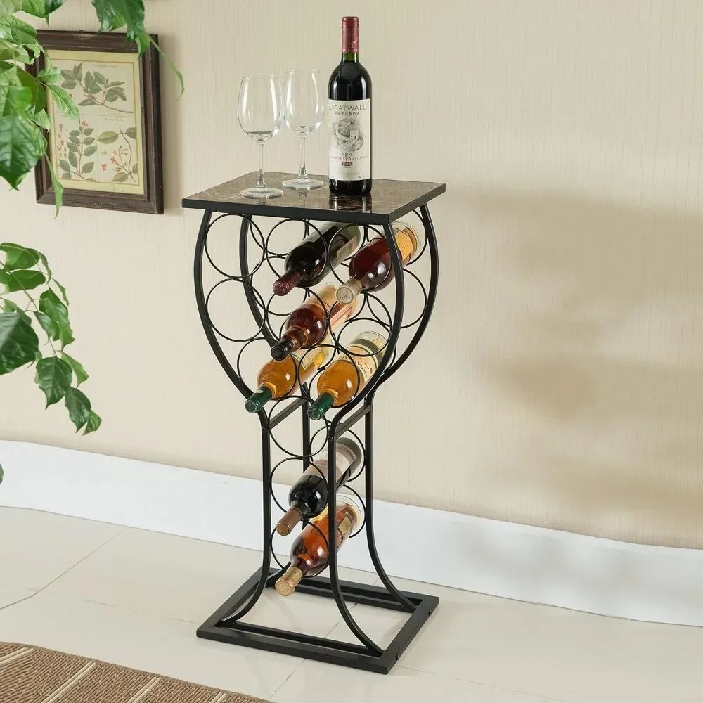 Freestanding Floor Wine Rack Stand, Mini Bar Table Storage & Display Holder, That Holds 11 Bottles, Marble Finish Table(Black)