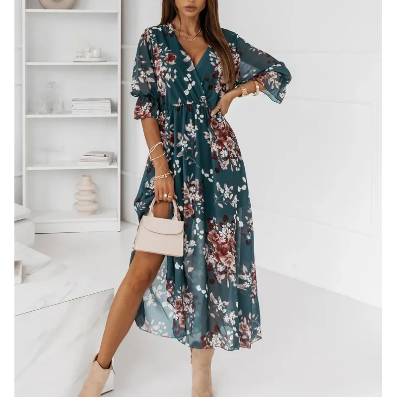 Vestido de fiesta elegante con estampado Floral para mujer, vestido Midi de cintura alta, manga corta, escote en V profundo, moda de verano