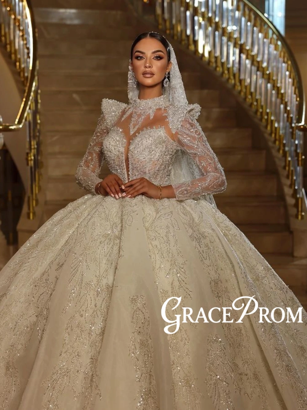 Charming High Neck Wedding Dress For Women 2026 Glitter Sheer Lace Beaded Princess Ball Gown Customized Beautiful Bride Wear