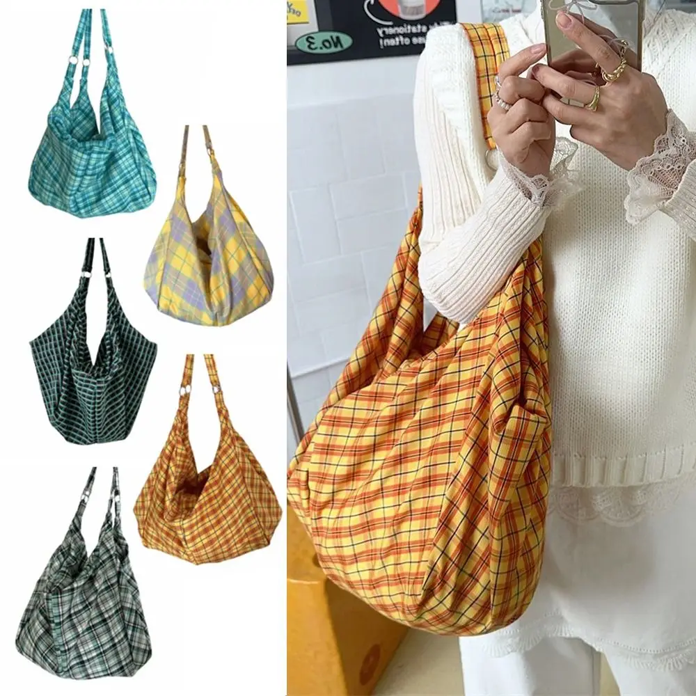 

Retro Plaid Tote Bag Colorful Shoulder Bags Canvas Underarm Bag Large Capacity Non-Adjustable Strap Single-shoulder Bag