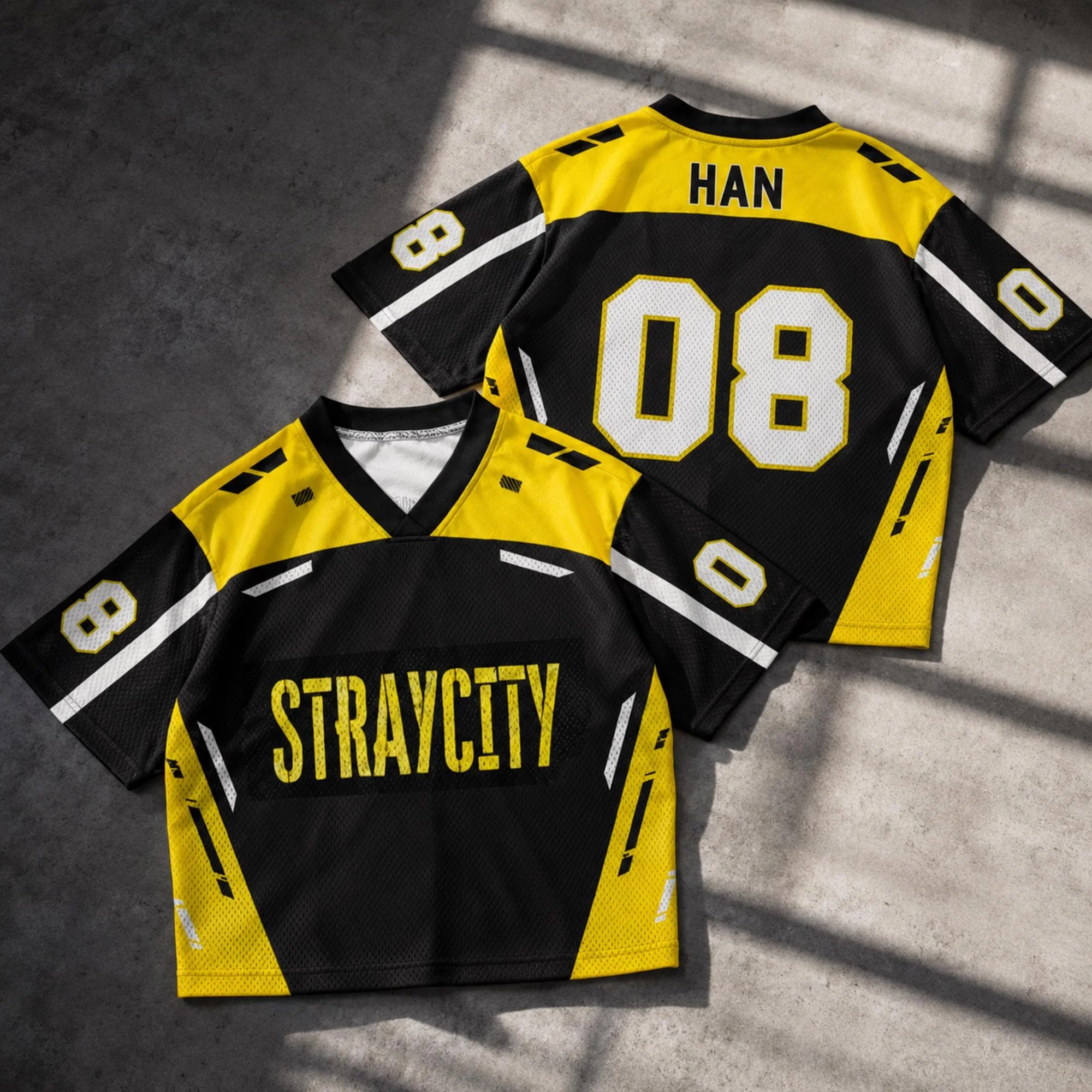 Stray City Felix 01 V Neck Sports Jersey Black Yellow Short Sleeve Tee Unisex Oversized Kpop Fan Concert Quick Dry Casual Top