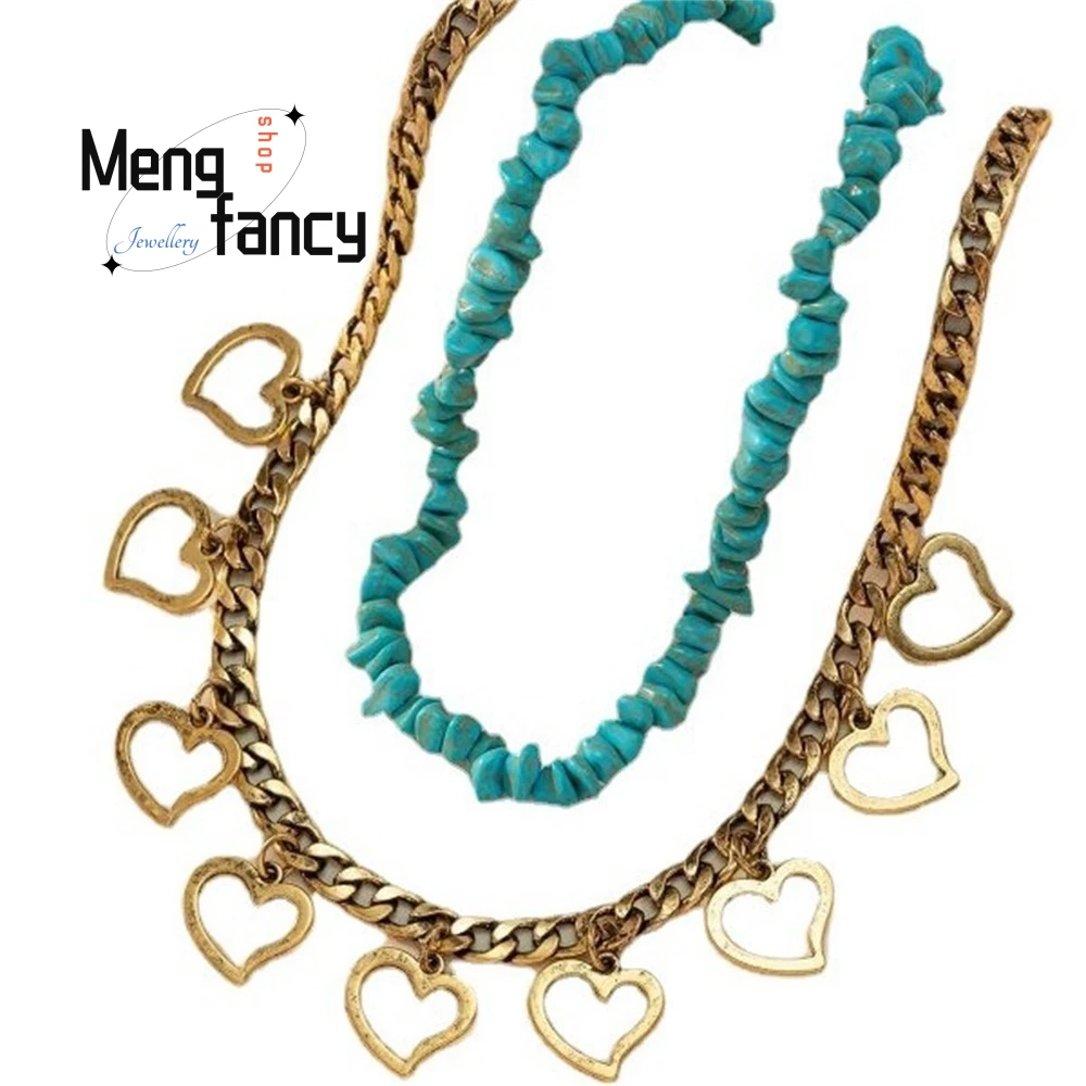 Design Sense Metal Heart-Shaped Round Ball Necklace, Unique And Trendy Hip-Hop Turquoise Necklace Set Fashion Jewelry Elegant