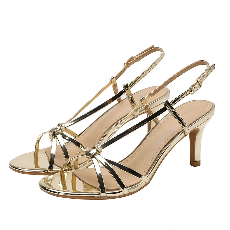 New Summer Gold Strappy High Heels Women's One-Strap Thin Heel Temperament Socialite Ladies Open-Toe Sandals