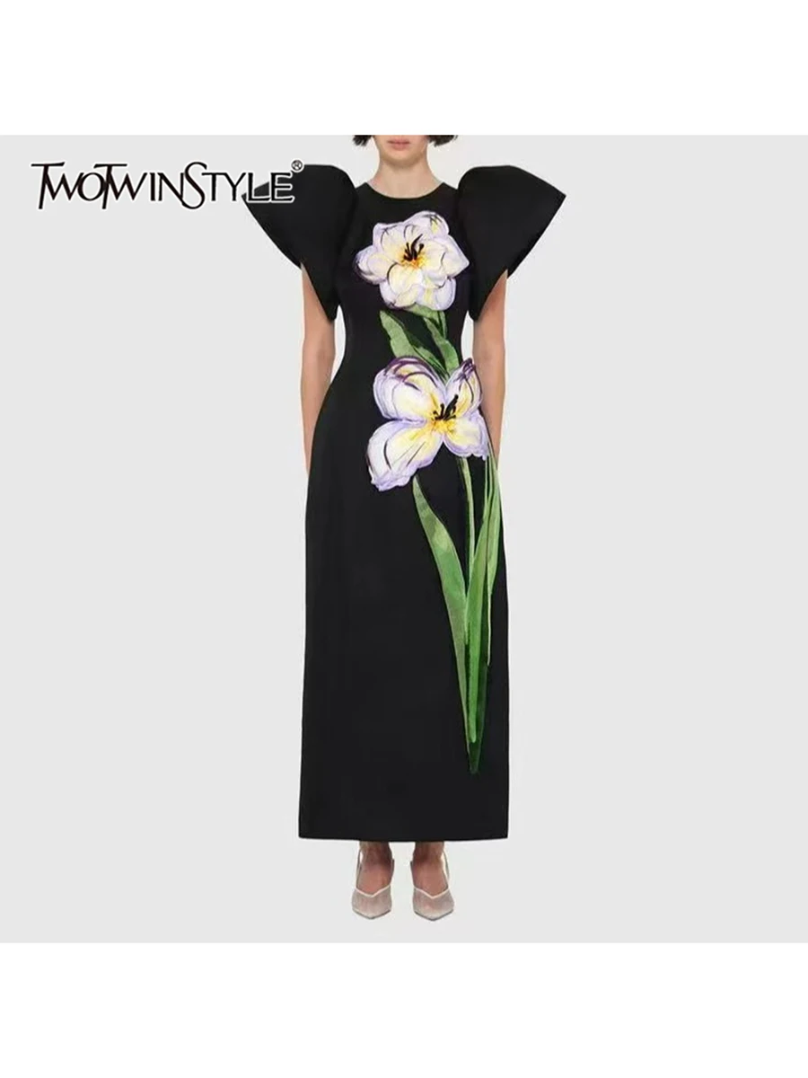 

TWOTWINSTYLE Hit Color Slimming Dresses For Women O Neck Short Sleeve High Waist Temperament Long Dress Female Fashion Style New