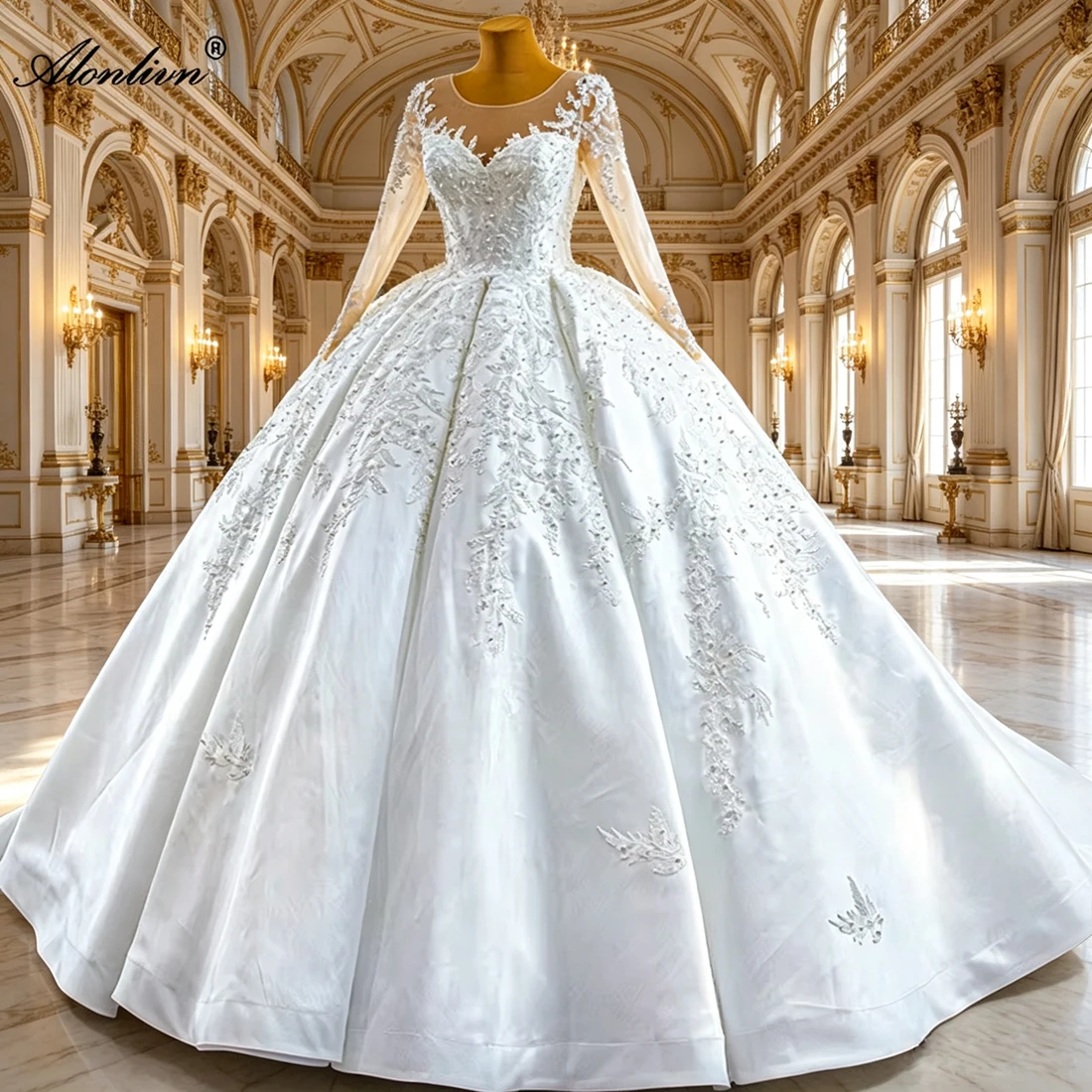 Alonlivn Custom Made O-neck Princess Ball Gown Wedding Dresses With Luxury Satin Beading Pearls Appliques Bridal Skirts Lace Up