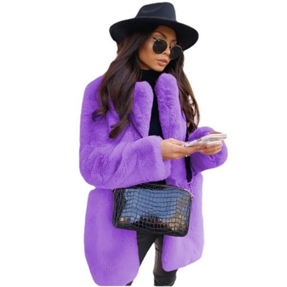 Faux Fur Coat Women Purple Long Sleeve Lapel Winter Coat 2024 New Fashion Temperament Office LadyWhite Fur Jackets Clothing Red