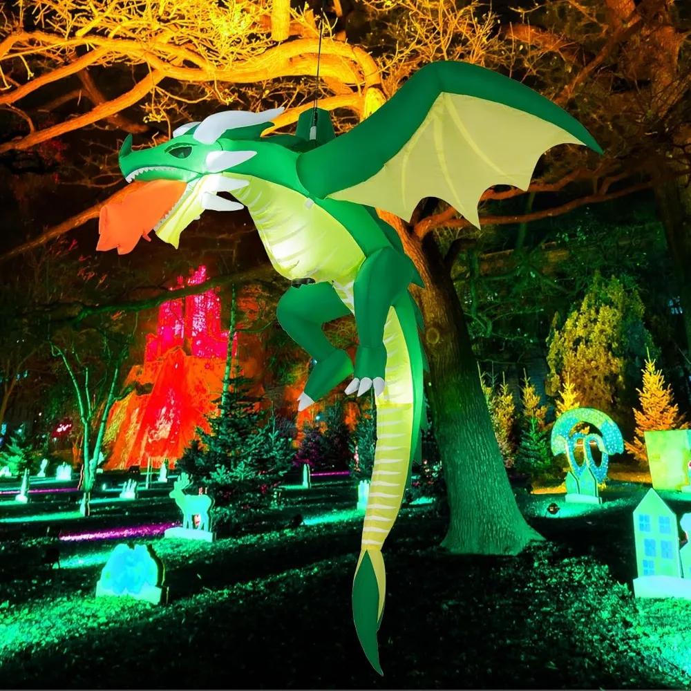 5.2 FT Hanging Halloween Inflatable Decoration, Blow-up Flying Fire-Breathing Dragon with Huge Wings & Built-in LED Lights