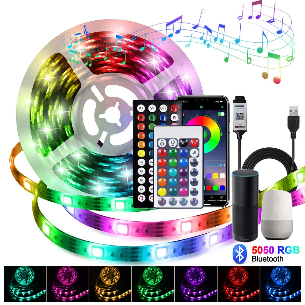 New 5V RGB LED Strip Light USB Power 28key 44key Kit Bluetooth-compatible Remote Control Voice Activated Flex Tape 5050 30LED/m