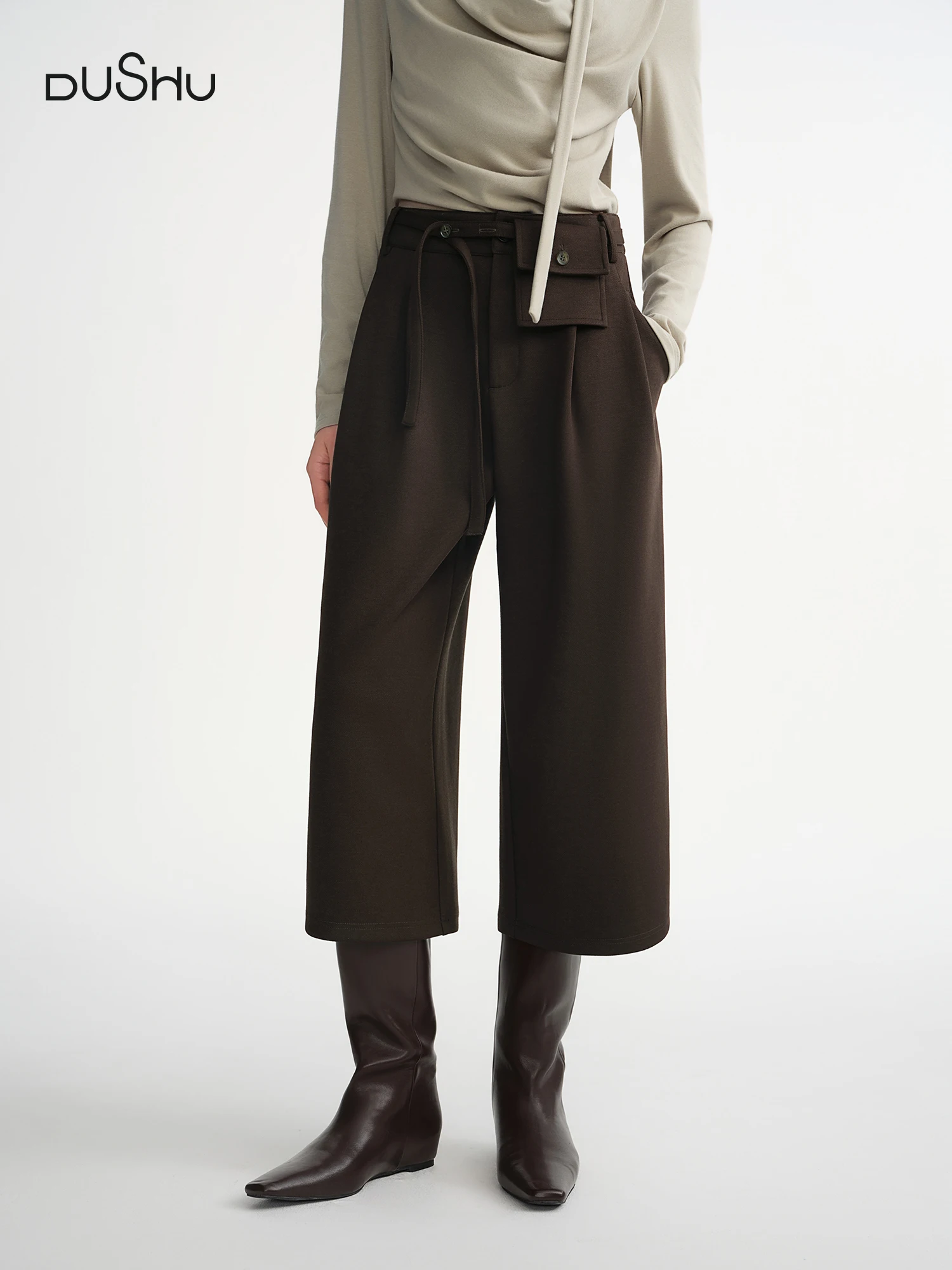 

DUSHU поясная сумка, украшенная плиссированными широкими брюками три четверти, зимние повседневные брюки 2025, женские повседневные брюки в стиле ретро во французском стиле