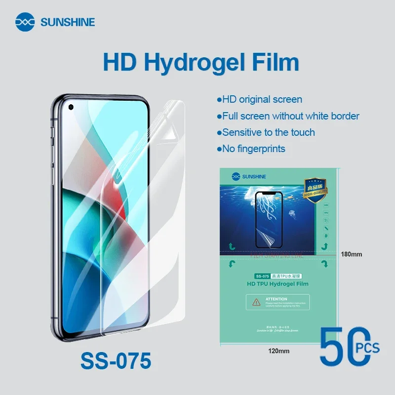 Alta qualità 50 pezzi nuovo originale Sunshine SS-075 HD Hydrogel Film, Auto repiar, con codice di taglio, pellicola opaca Anti-blu, TPU