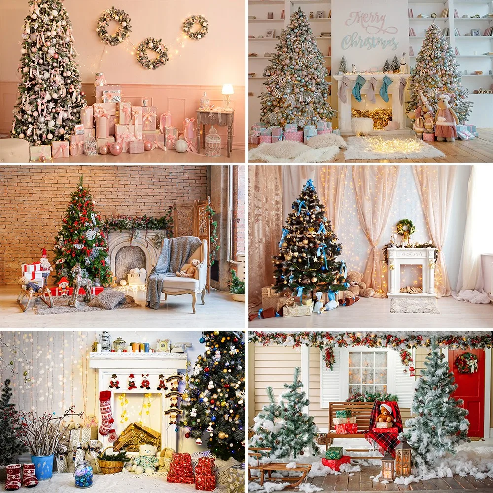 Bonvvie Christmas Photography Background Christmas Tree Fireplace Family Party Home Decor Baby Portrait Photo Studio Backdrop