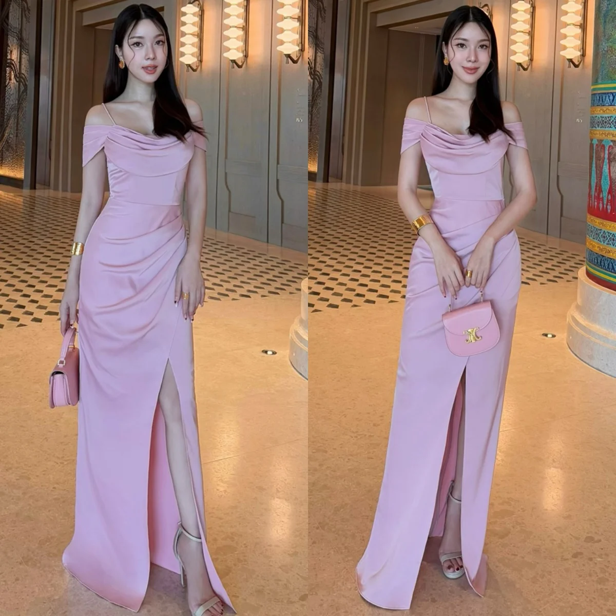 Gaun Pesta Satin Lavender Kustom Gaun Malam Berkualitas Tinggi Gaun Selebriti Celah Samping Tali Spaghetti Tanpa Tali Modern