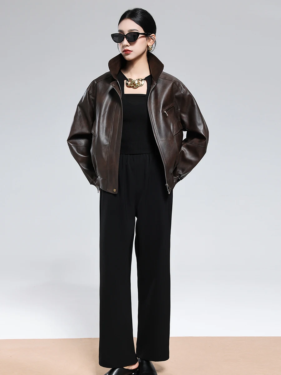 Lautaro 秋クールなハンサムショートハードディストレストブラウン Pu レザージャケット女性ジッパー高級デザイナーアメリカンレトロ服