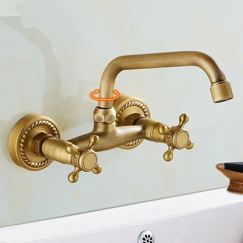 Wall Mounted Bathroom Kitchen Faucet Dual Handle Brass Antique Hot and Cold Water Tap 360 Swivel Long Spout Mixer Tap