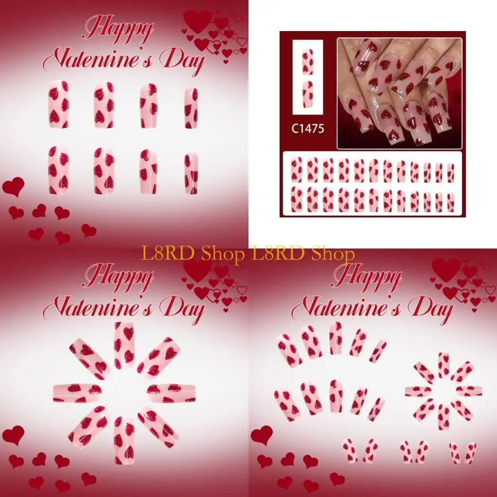 

L8RD 24 шт., мерцающее красное сердце, пресс на ногтях, средний гроб, глянцевая отделка, материал АБС-пластик, незаменимый для