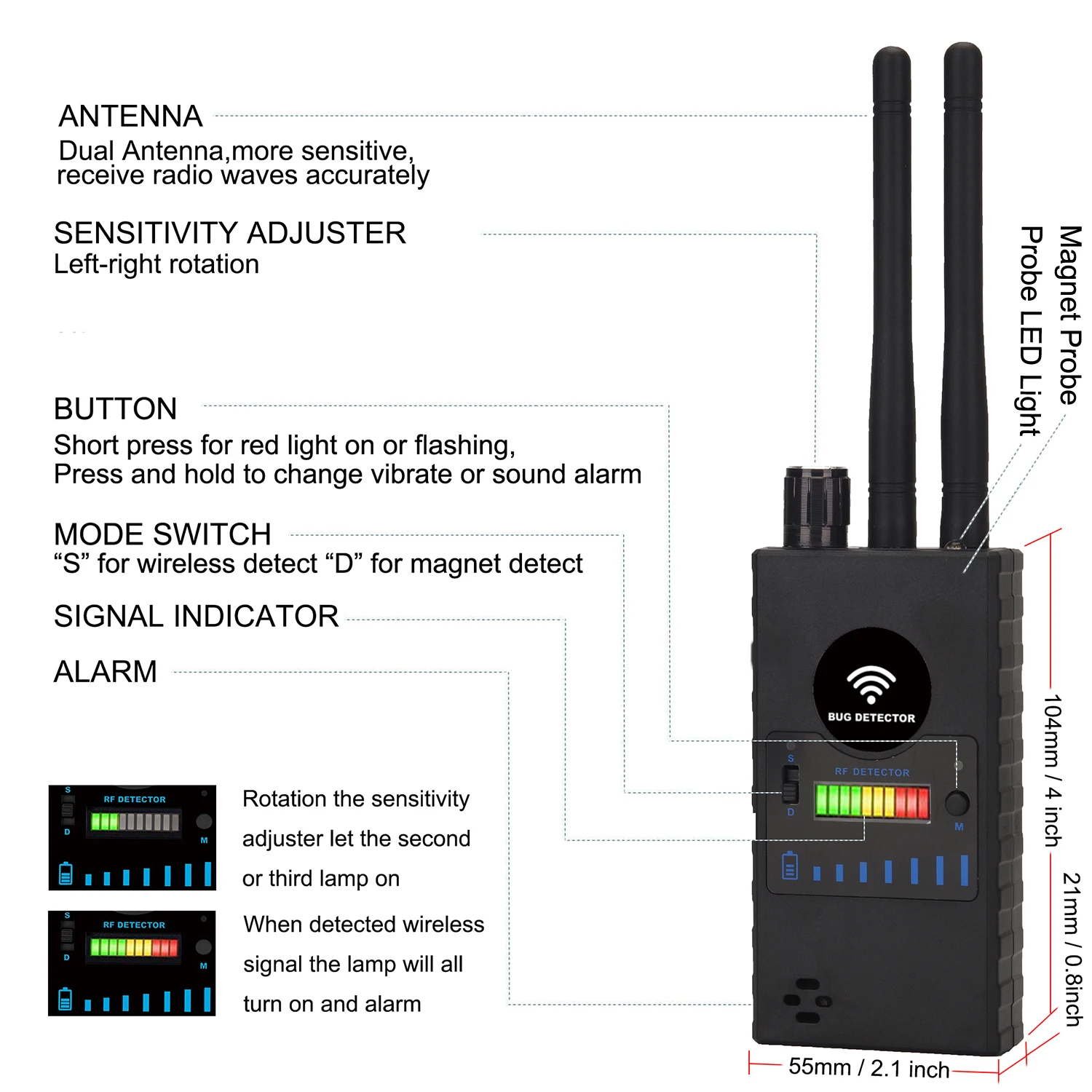 Wireless Hidden Camera Detector GPS Tracker Laser Lens Finder GSM Listen Devices Radar Radio Detects Anti-Spy RF Signal Scanner