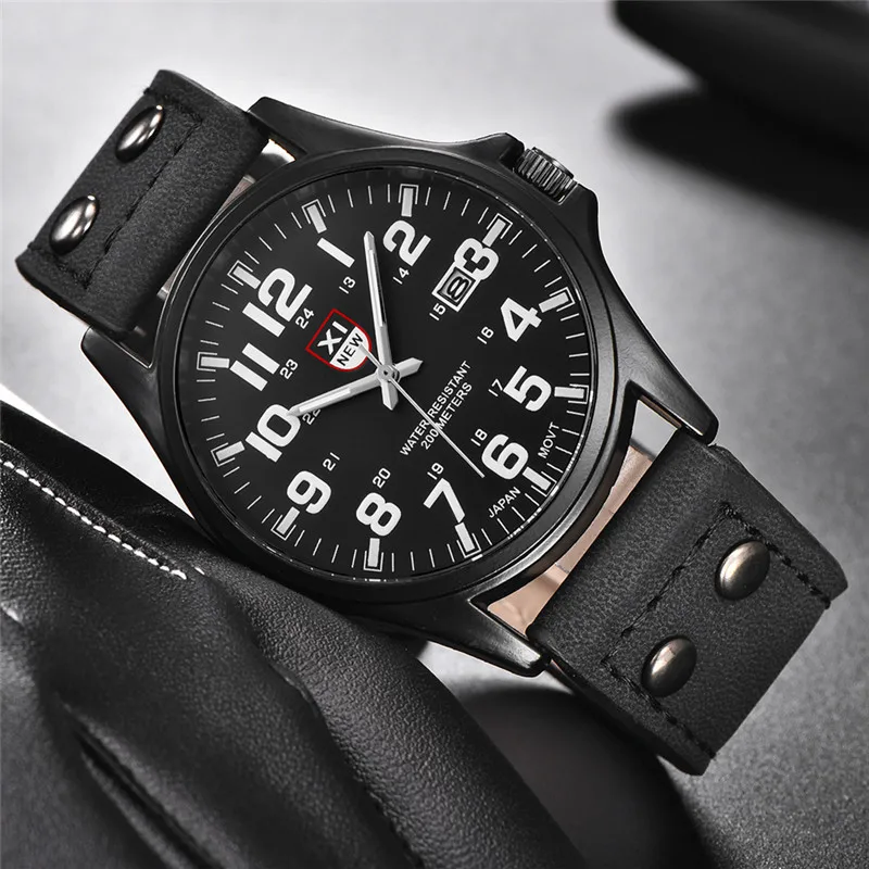Genuíno xinew marca relógios masculinos preto estudantes moda pulseira de couro esportes data quartzo relógio de pulso montre homme reloj hombre