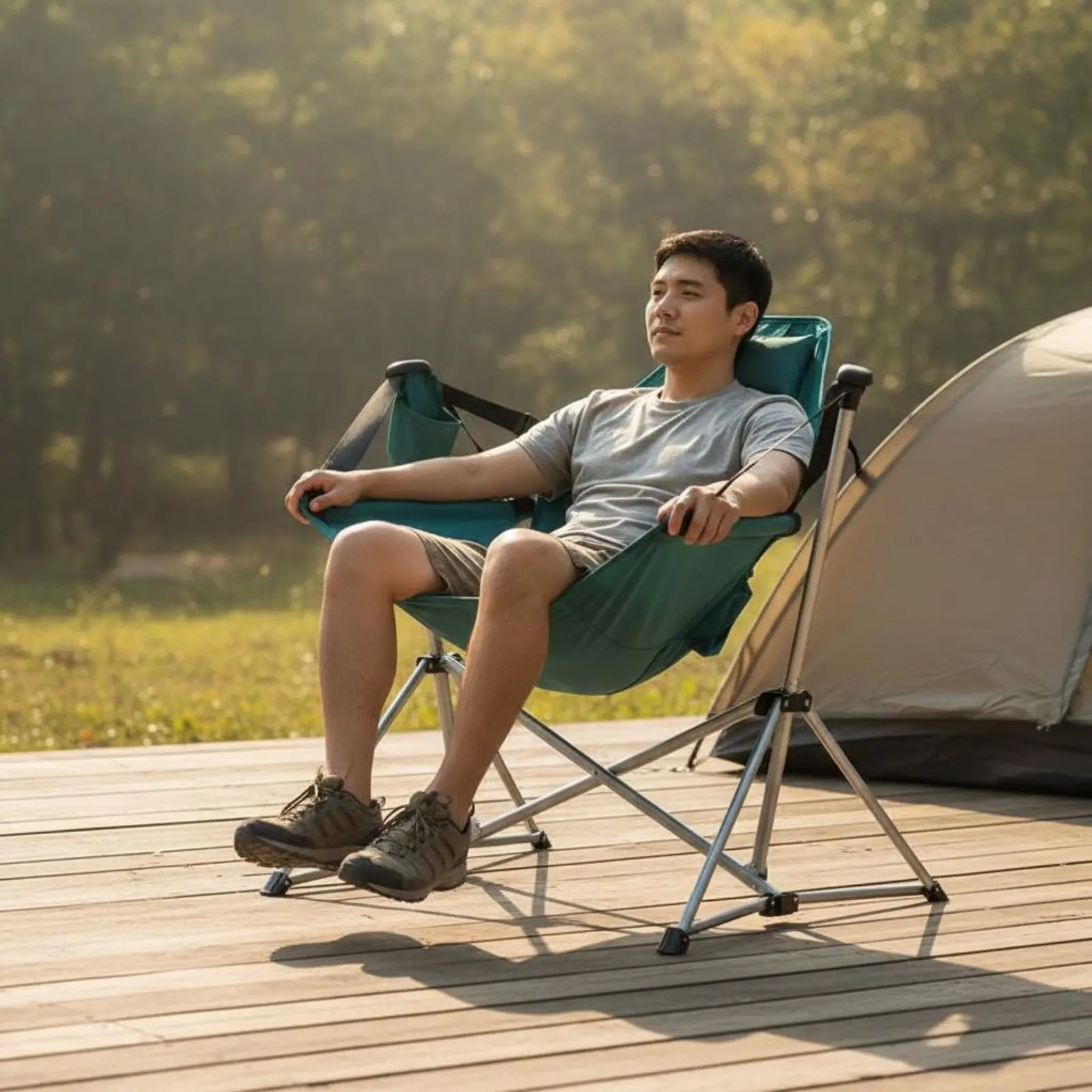 

Folding Rocking Chair Foldable Reclining Outdoor Swaying Chair Portable Swing Chair Lightweight Padded Headrest for Campers