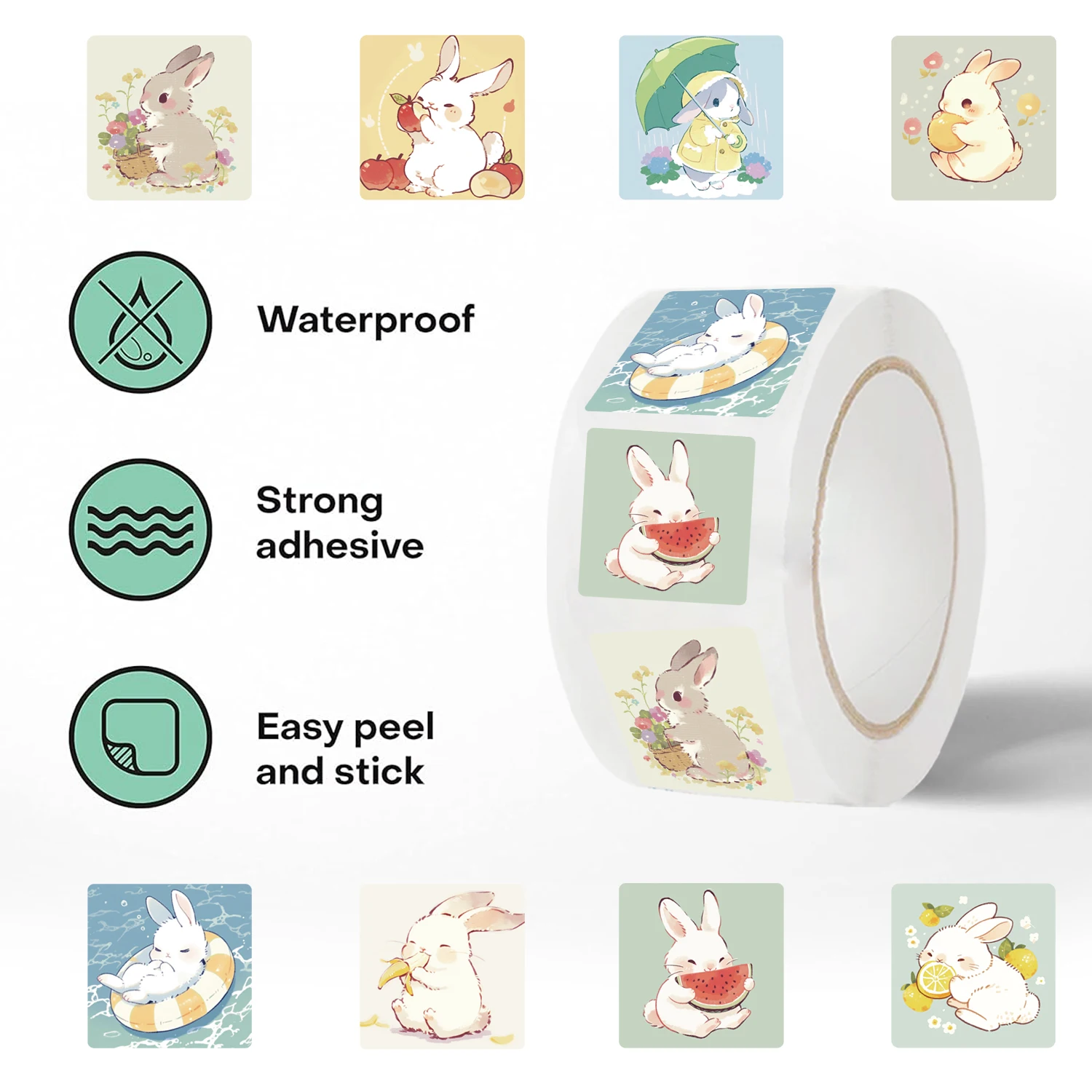 500PCS Cartoon Cute Rabbit Sticker, Teacher Reward Praise Roll Sticker Labels, Envelope Seal Tag Handmade Notebook Phone Sticker